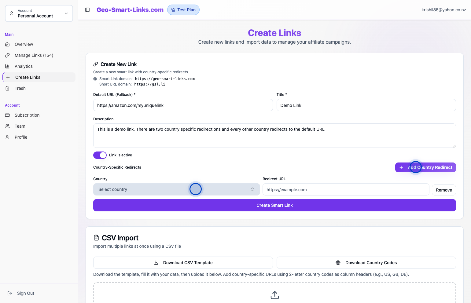 Link creation form with default URL, title, and description fields