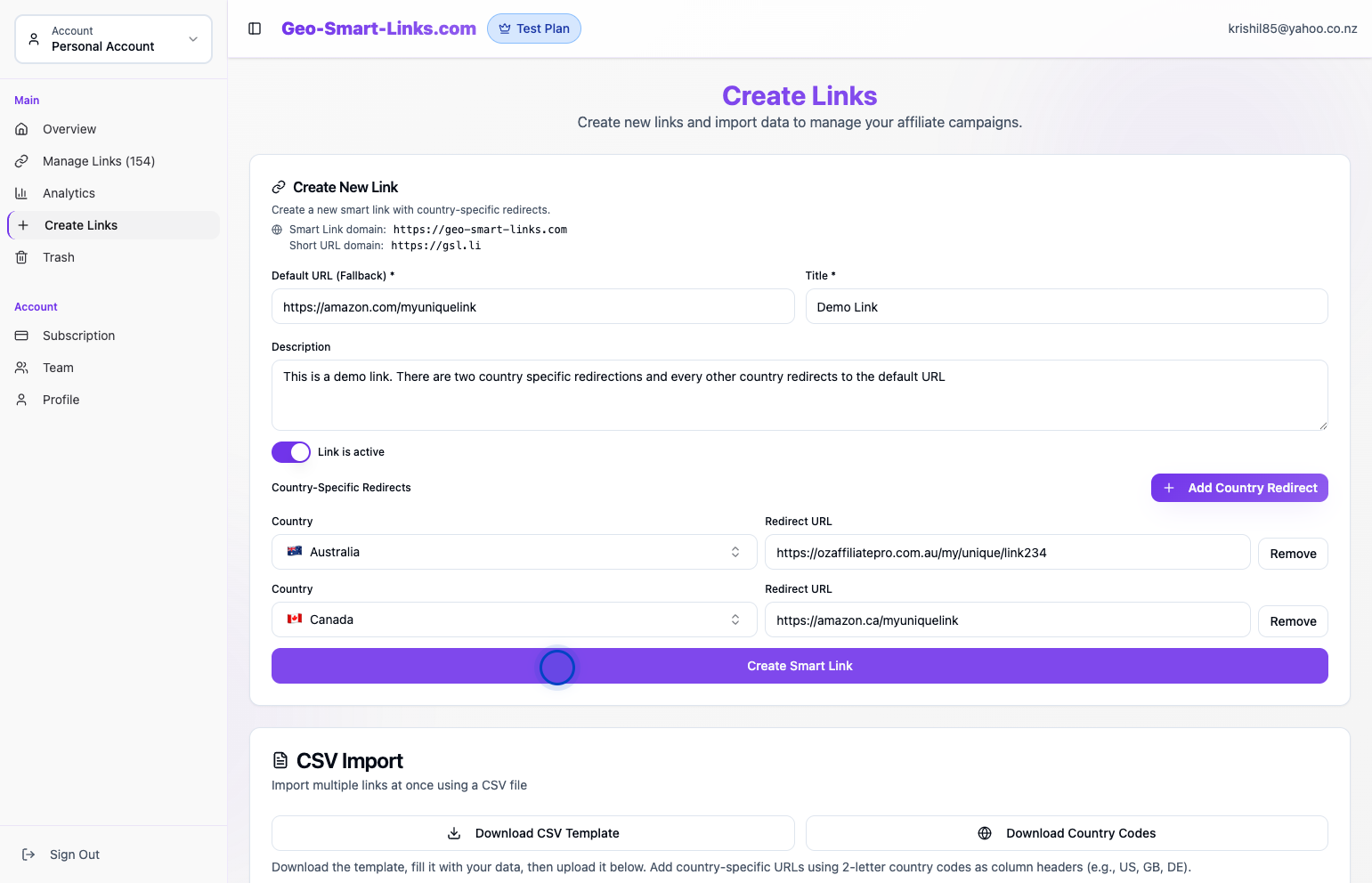 Create Smart Link button