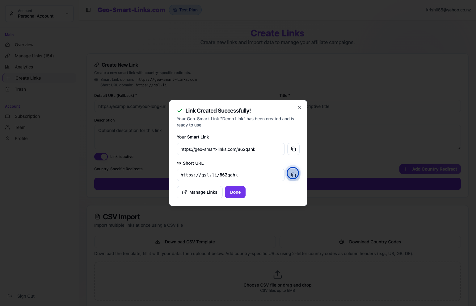 Link created dialog showing both short and full URLs