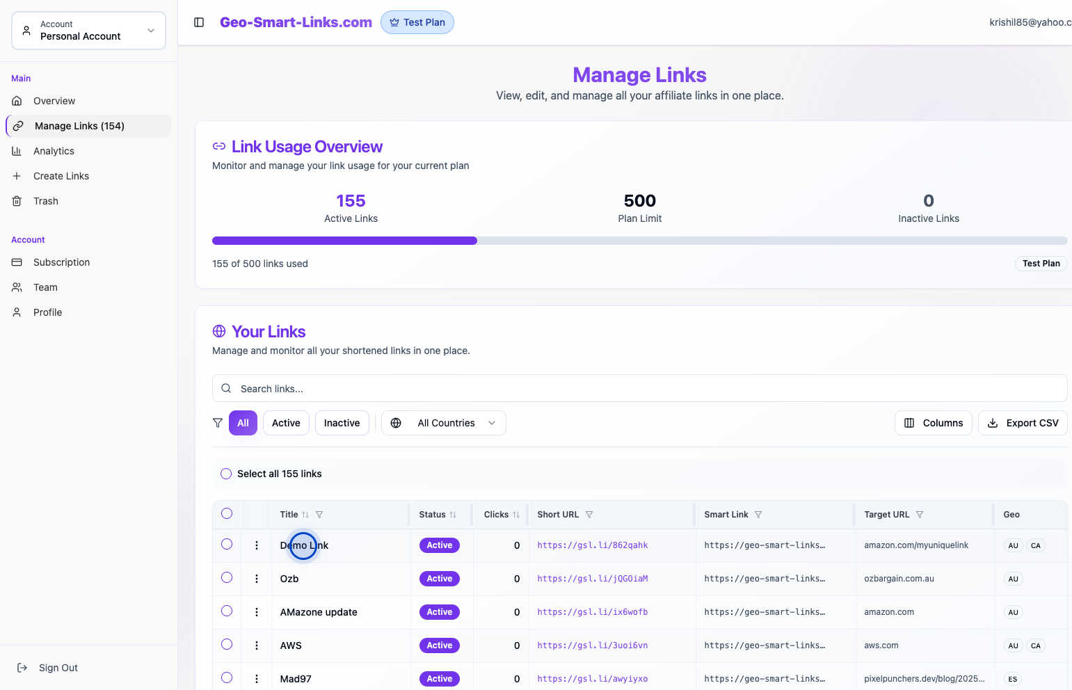 Manage Links page showing the new link