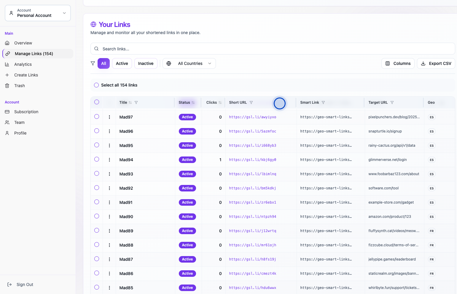 Manage Links page in the dashboard